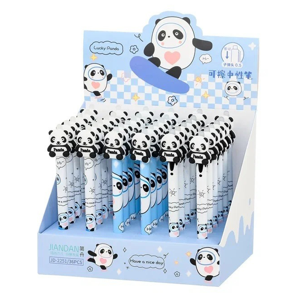 Ручка гелевая, пиши-стирай, автоматическая, Basir, синие чернила, серия "Панда", с игрушкой, 36 шт