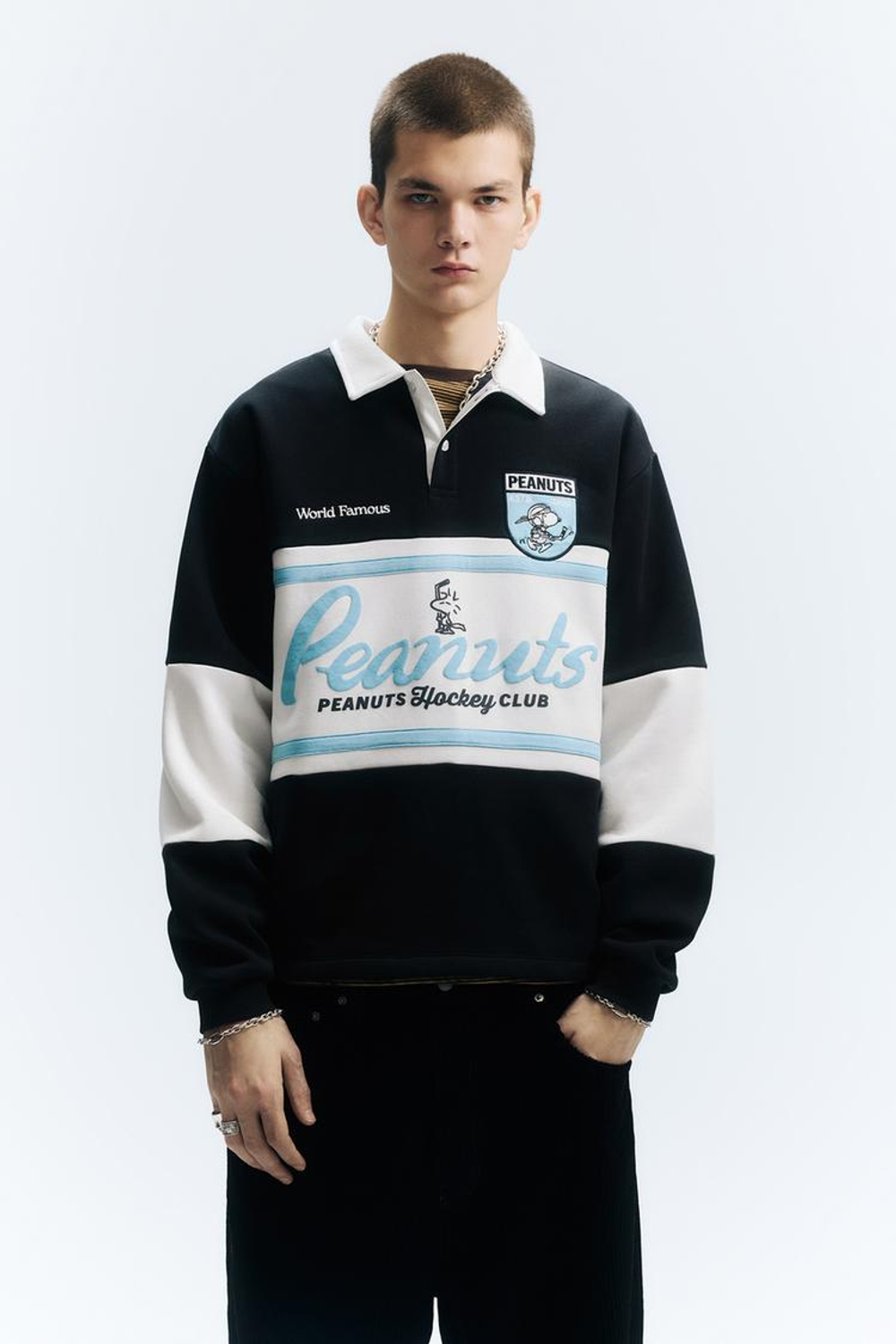 PULL&BEAR Толстовка-поло в хоккейном в стиле «Peanuts», темно-синий