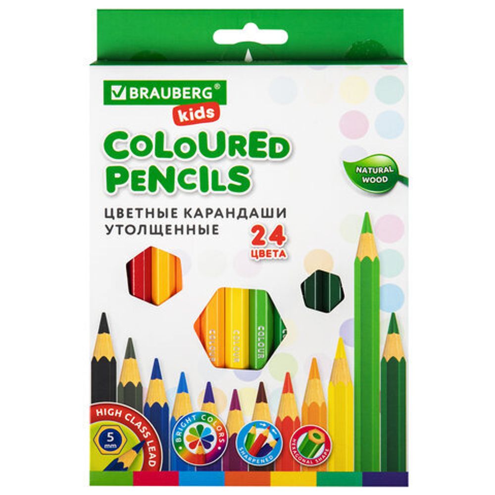 Карандаши цветные утолщенные BRAUBERG KIDS 24 цвета, грифель 5 мм, 181879