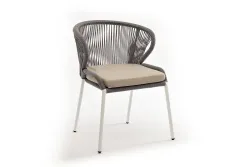 "Милан" стул плетеный из роупа, каркас алюминий белый шагрень, роуп светло-серый круглый, ткань бежевая