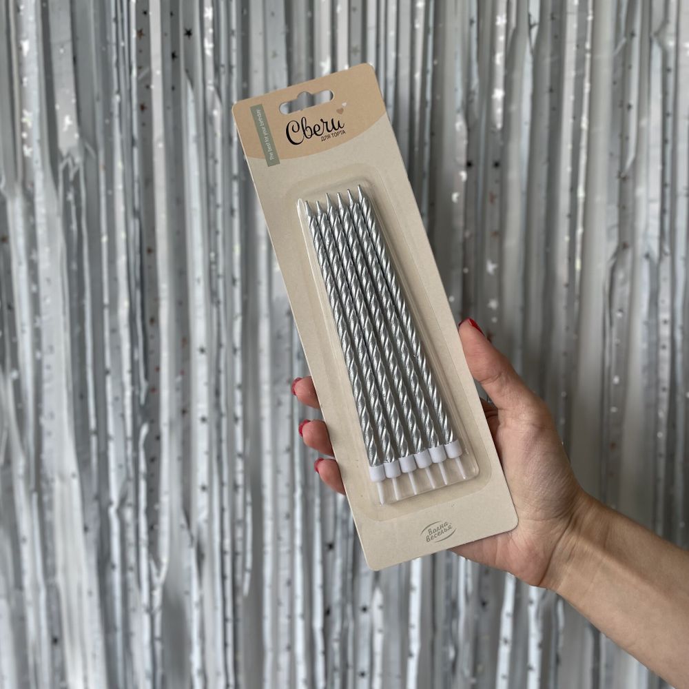 Свечи Спирали, Серебро, Металлик, 0,6*14 + 2 см, 6 шт. с держателями 