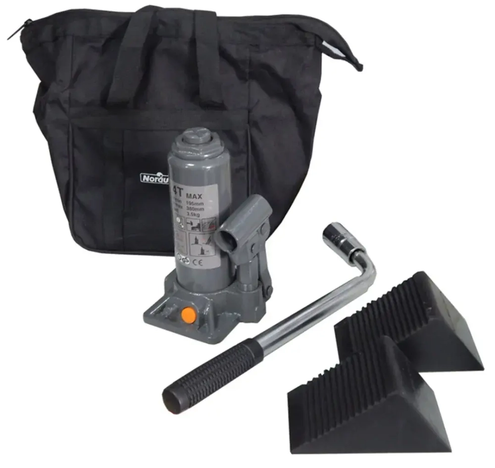 Домкрат бутылочный 4т с клапаном(подхват-195мм, подъем-380мм, ход штока-130мм, ход выкручиваемого винта-55мм),в комплекте с балонным ключом и упорами