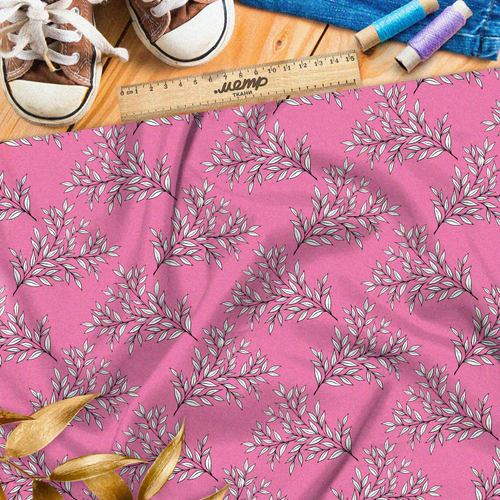 Ткань шелк Армани эскизы белых листьев на розовом фоне