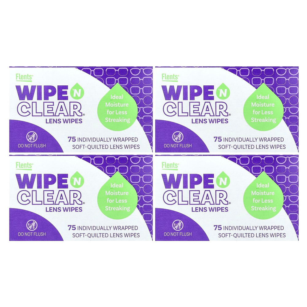 Flents, Wipe 'N Clear, салфетки для объектива, 4 упаковки, 75 индивидуально упакованных мягких салфеток для объектива