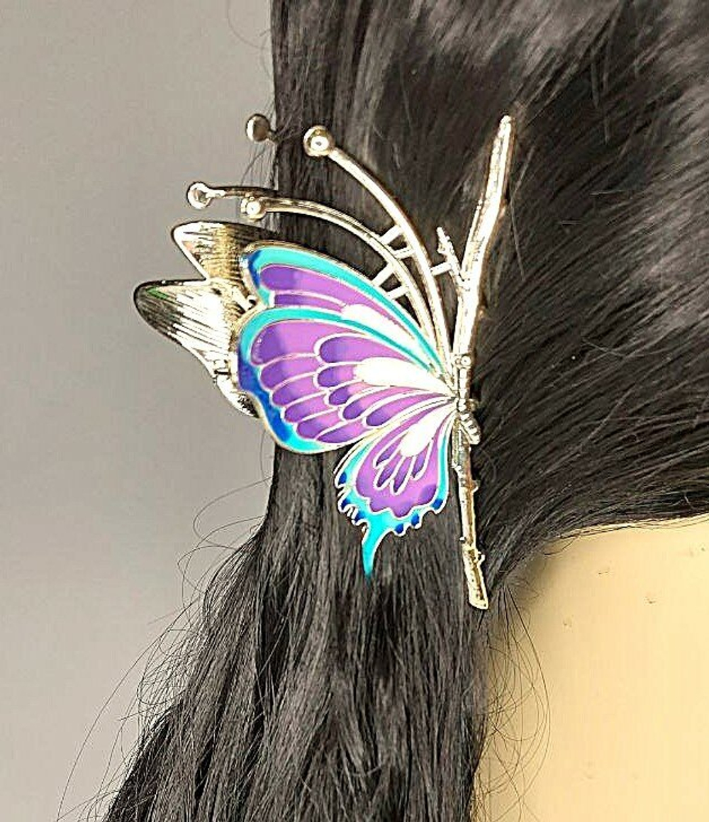 Заколка-краб "Бабочка" со стразами.Разноцветная. Синяя .Усиленная.