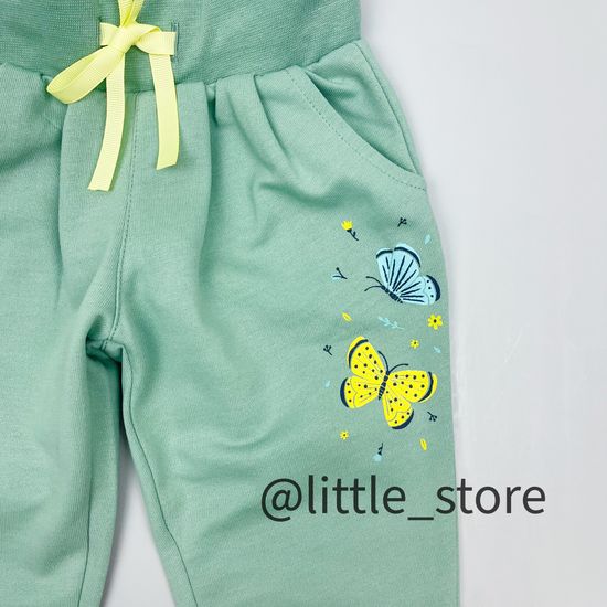Брюки "Бабочки в саду" из футера, пыльная мята
