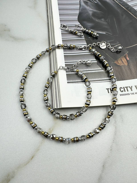 Серьги "Грани" гематит биколор и светло-серые цирконы