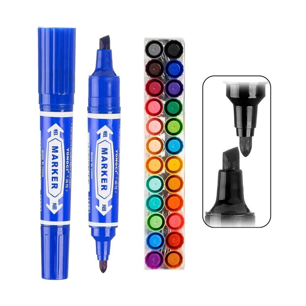 Маркер перманентный, двусторонний, Yongci, 21 мм, наконечник 5 и 2 мм, 24 шт, разноцветные