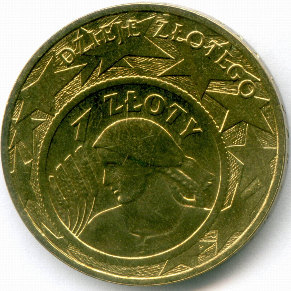2 злотых 2004 год. Польша. История злотого - 1 злотый 1924 года. Латунь, диаметр 27 мм. XF-AU