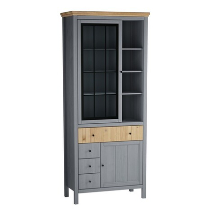 Шкаф для посуды «Сканди» 1 стеклянная, 1 глухая дверь и ящики серый 7046/антик
