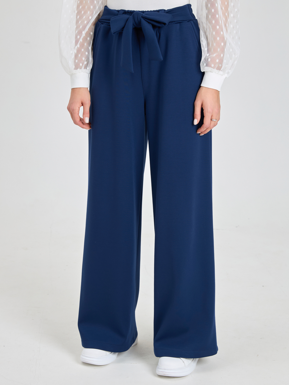 Брюки утепленные для девочки палаццо с завязками темно-синие