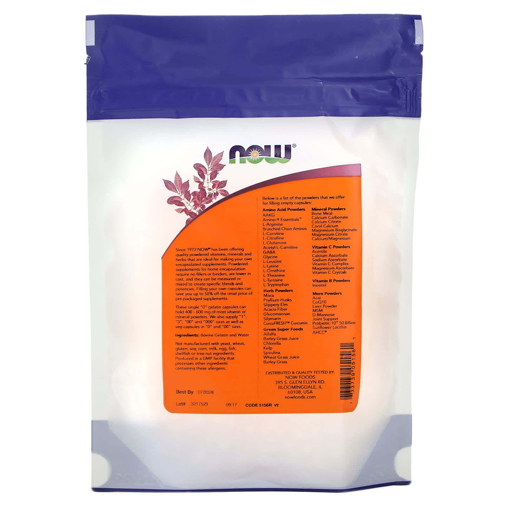 NOW Foods, одиночные желатиновые капсулы, размер «0», прибл. 250 пустых капсул, 24 г (0,85 унции)