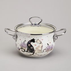 КАСТРЮЛЯ AGNESS ЭМАЛИРОВАННАЯ СО СТЕКЛЯННОЙ КРЫШКОЙ СЕРИЯ "LAVENDER CATS", 2,0 Л ДИА. 18СМ