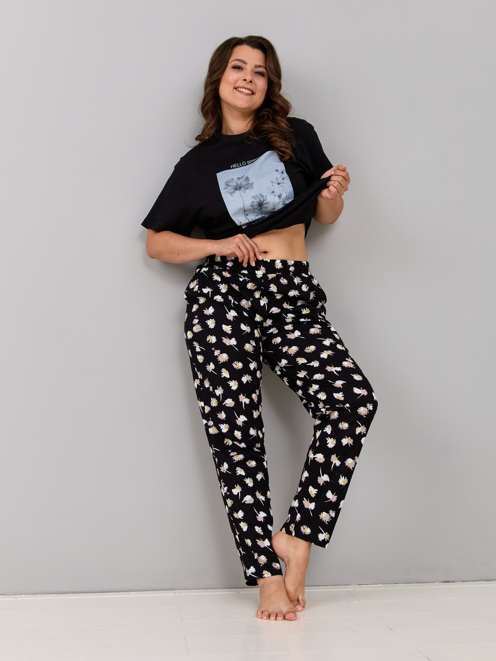 Пижама с брюками КБк-193П/черный-ромашки