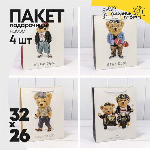 Пакет подарочный 26х32х10см "Стильные мишки" (Микс)