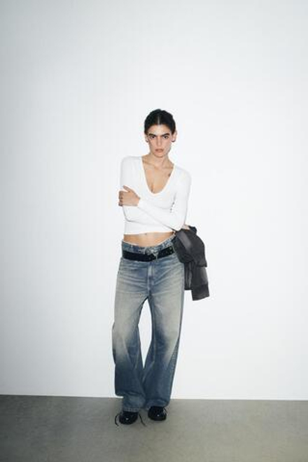 ZARA ТОП В РУБЧИК С ДЛИННЫМИ РУКАВАМИ, БЕЛЫЙ