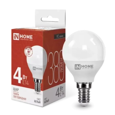 Лампа светодиодная LED-ШАР-VC 4Вт 230В Е14 4000К БЕЛЫЙ 380Лм IN HOME