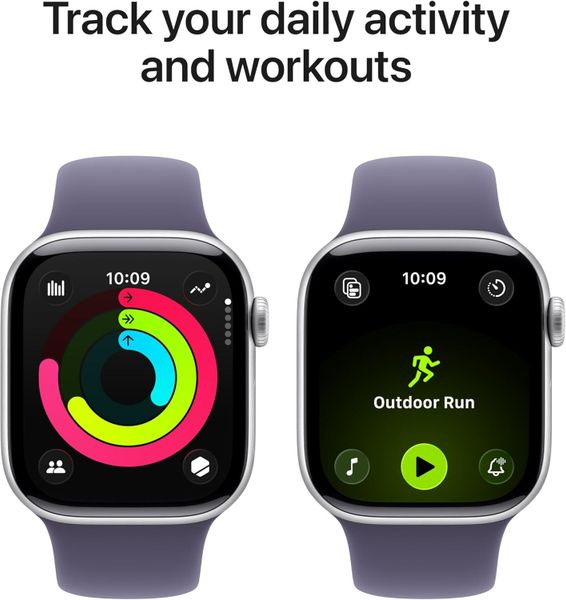 Умные часы Apple Watch Series 11 46 мм из алюминия серебристого цвета, спортивный ремешок цвета «фиолетовый туман» (S/M)