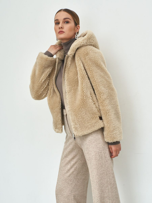 Искусственная шуба с капюшоном, бежевая, Северина