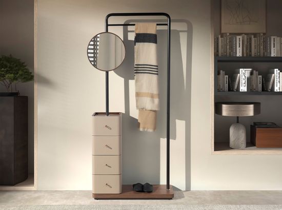 Вешалка для одежды 3281 из кожи, ореха и черной стали с зеркалом