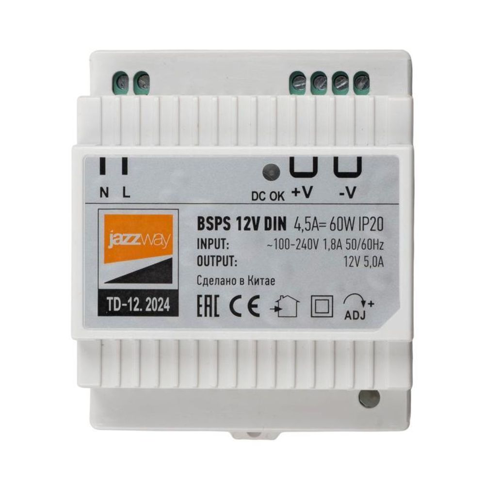 Блок питания для светодиодной ленты BSPS DIN 12В 4.5А=60Вт PL IP20 Pro+ JazzWay 5049963 Блок питания для светодиодной ленты BSPS DIN 12В 4.5А=60Вт PL IP20 Pro+ JazzWay 5049963