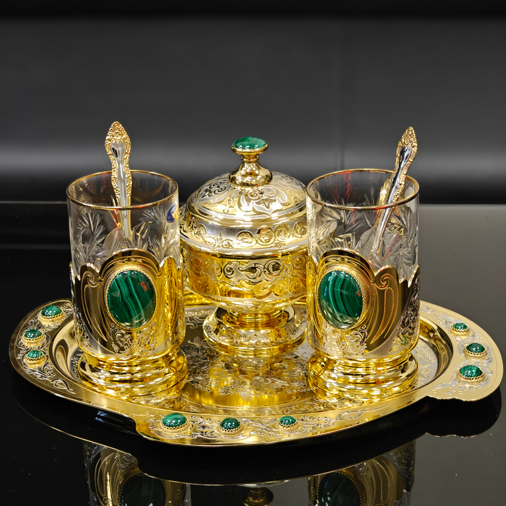 Чайный набор с подстаканниками на 2 персоны "Роскошный малахит"