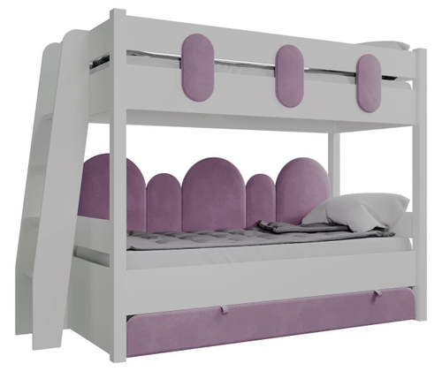 Кровать двухъярусная Офелия, с лестницей, белый/ велюр пудра