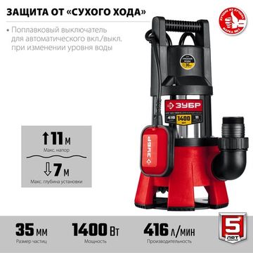 ЗУБР 1400 Вт, дренажный насос для грязной воды, корпус - нерж. сталь (НПГ-М3-1400-С)