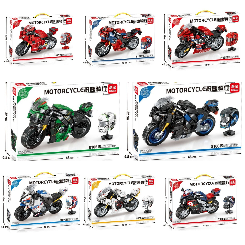 Конструктор гоночный Мотоцикл со шлемом ЛЕЙБАО "LEIBAO / Motorcycle/ NO. 8101, 8102, 8103, 8105, 8106, 8107, 8108, 8109" 9видов, 330-377дет.
