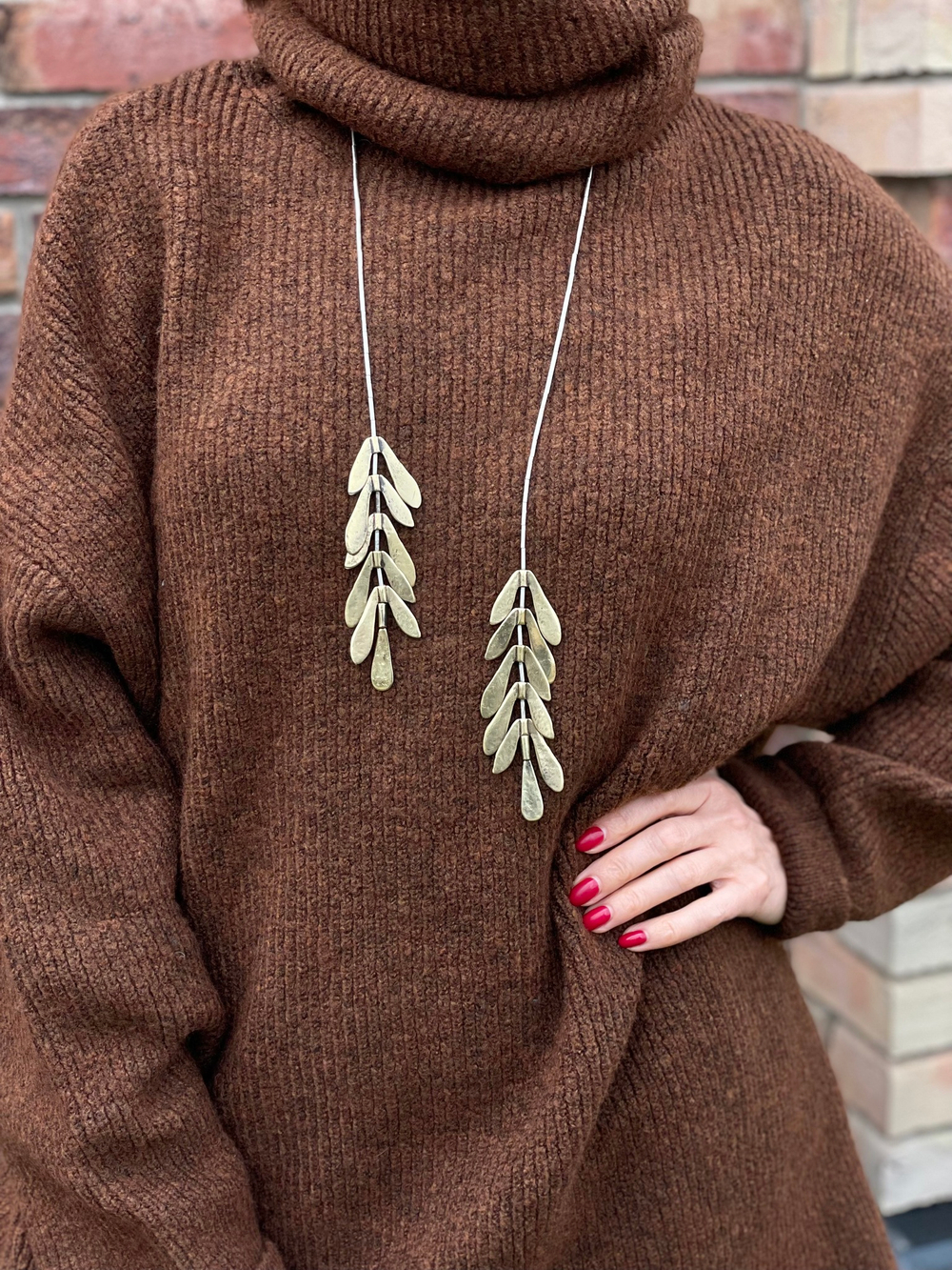 Лариат кленовые сережки, ручная работа бронза, матовое серебро, Турция