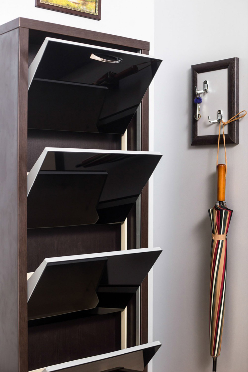 Обувница в прихожую компактная для обуви Люкс 4 черное стекло венге