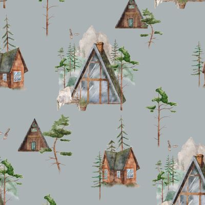 Домик в лесу серый фон