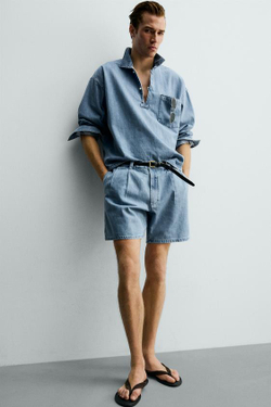 ZARA ШОРТЫ RELAXED FIT СО СКЛАДКАМИ, ГОЛУБОЙ