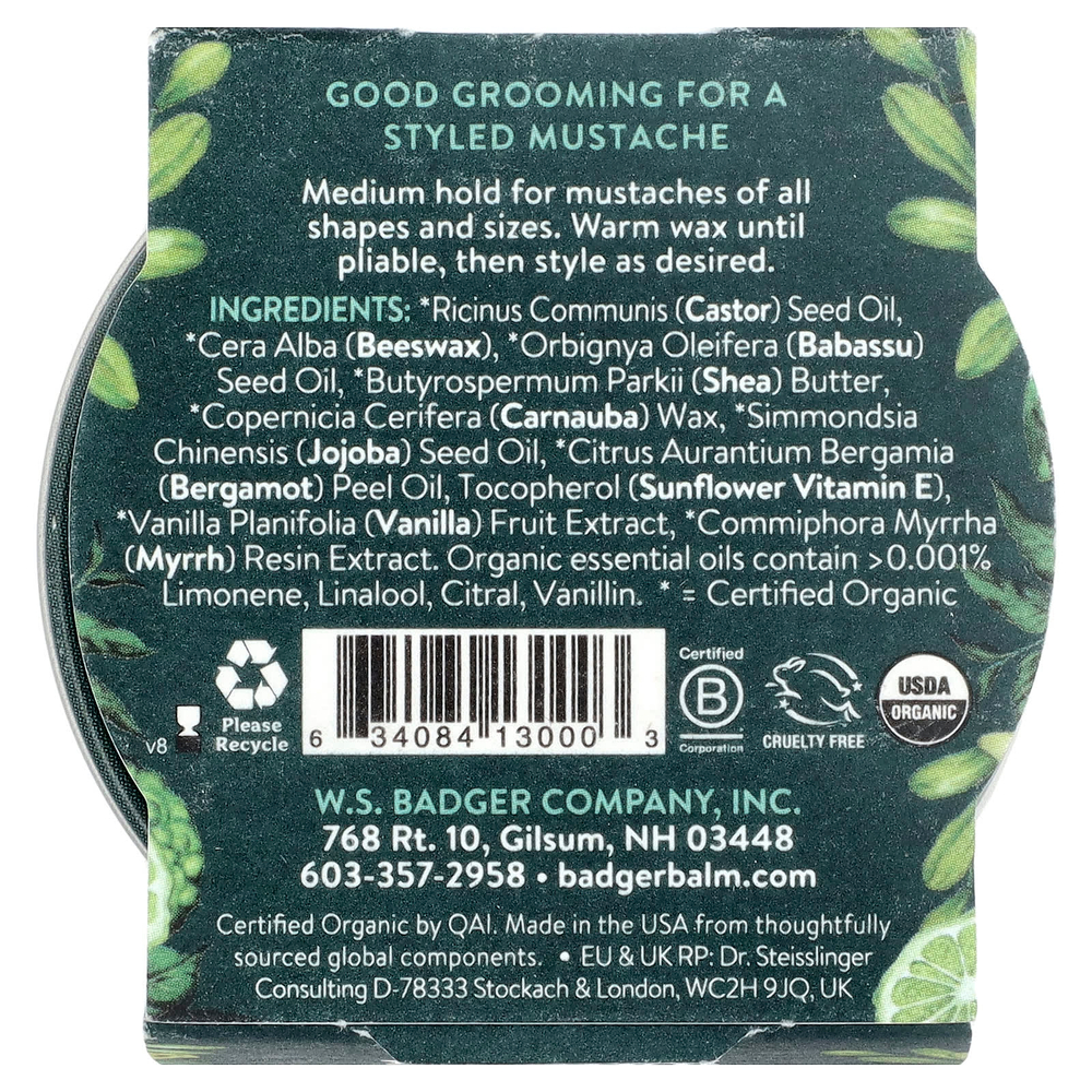 Badger, воск для усов, ваниль и бергамот, 21 г (0,75 унции)