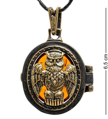 AM-1745 Подвеска «Медальон Филин» (латунь, янтарь)