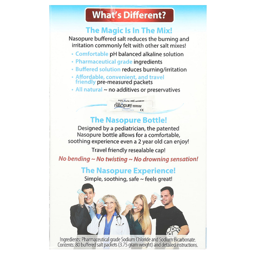 Nasopure, промывание носа, полезный набор для повторного использования, 80 пакетиков буферизованной соли
