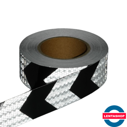 Чёрно-белая светоотражающая лента стрелка 5 см х 25 м