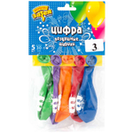 Шар латексный 30см Набор 5шт Цифра 3 (Ассорти)