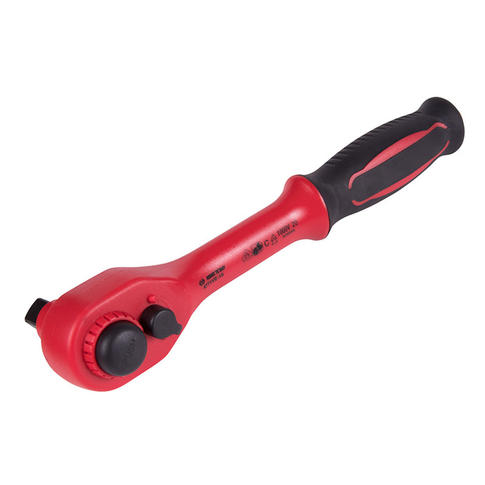 KING TONY (4771VE-10) Трещотка диэлектрическая 1/2", 250 мм, 24 зубца, флажковая с кнопкой, фиксатор