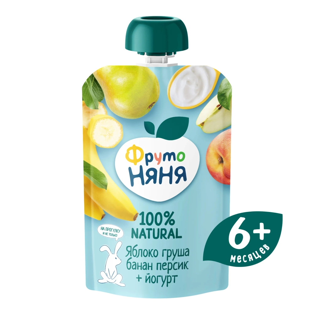 Фрутоняня пауч пюре из яблок,бананов, груш и персиков с йогуртом 90г с 6 месяцев