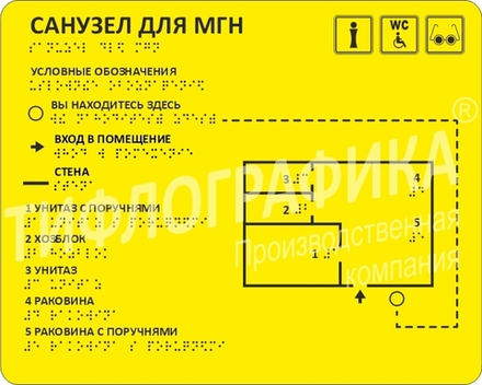 Тактильная мнемосхема санузла ПВХ 321х411х3 мм. Монохром