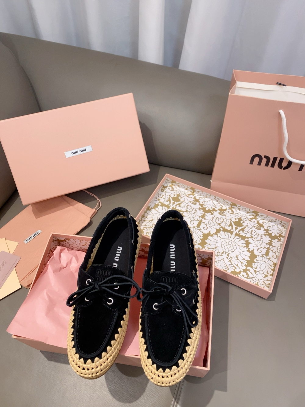 Miu Miu Suede and Raffia Boat Shoes (3 colors)