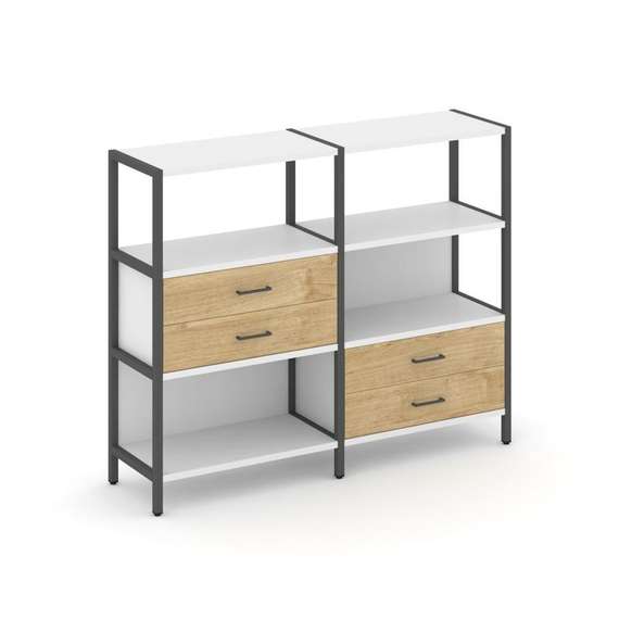 Shelf System Двухсекционный стеллаж трехярусный с ящиками SN.STM-323 Белый/Тиквуд Светлый/Металл Ант