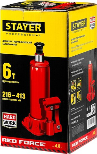 STAYER RED FORCE, 6 т, 216 - 413 мм, бутылочный гидравлический домкрат, Professional (43160-6)