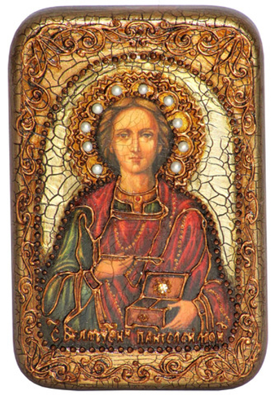 Инкрустированная Икона Святой Великомученик и Целитель Пантелеймон 15х10см на натуральном дереве, в подарочной коробке
