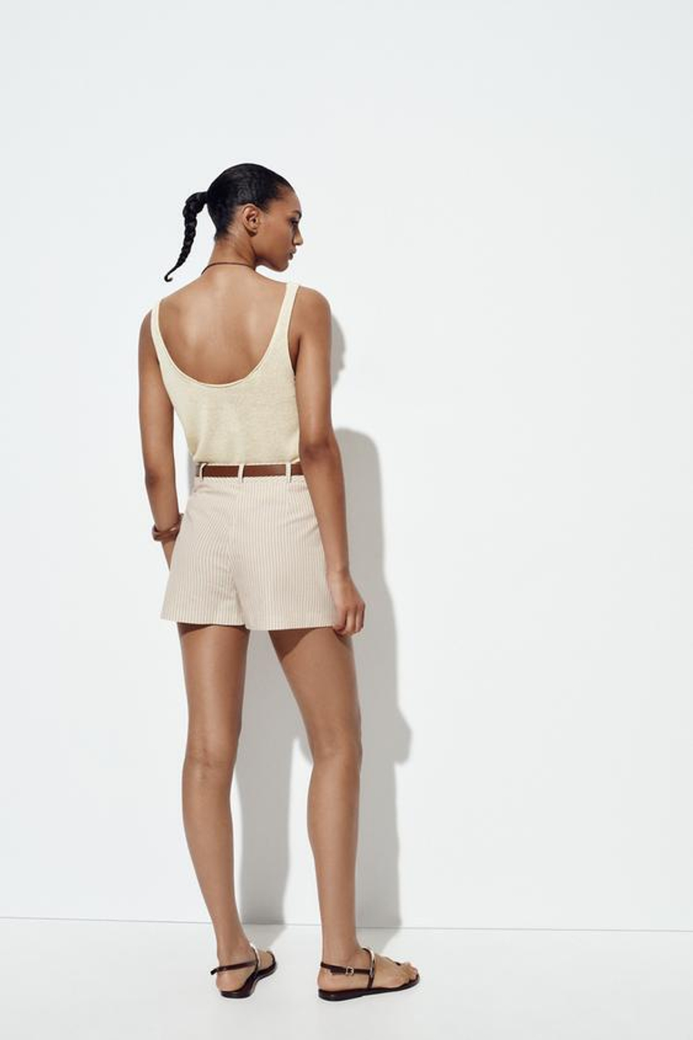 ZARA ЮБКА-ШОРТЫ В ПОЛОСКУ С РЕМНЕМ, КОРИЧНЕВЫЙ/БЕЛЫЙ