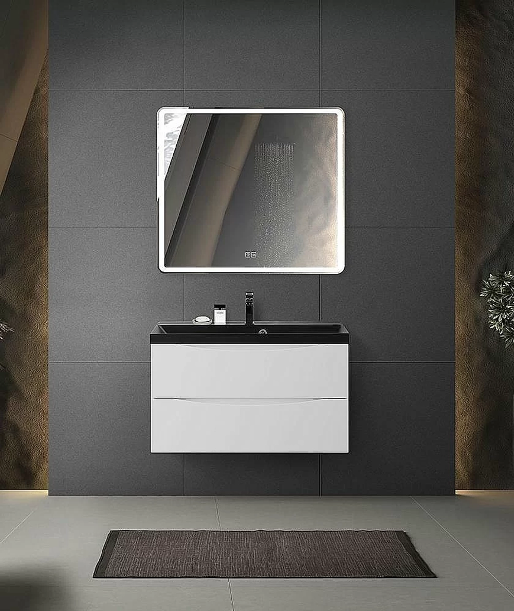 Тумба с раковиной Belbagno MARINO 90 белая глянцевая/черная раковина