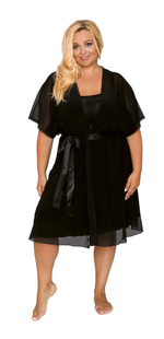 Пеньюар с короткими рукавами и атласным поясом (Размер: L) (Цвет: темно-синий)