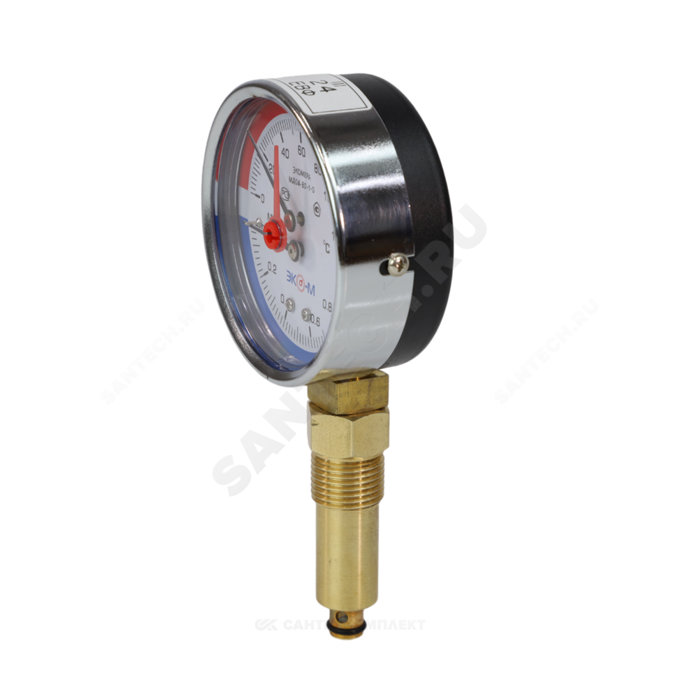 Термоманометр МД04 радиальный Дк80 0-1,0 МПа L=40мм G1/4" 120С с переходником на G1/2" ЭКОМЕРА МД04-80-G-1МПа-120-L-40-РИ