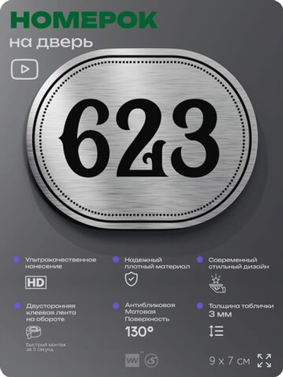 Номерок на дверь квартиры 623, для кабинета, офиса, шильдик 9 х 7 см, серебристый, Айдентика Технолоджи